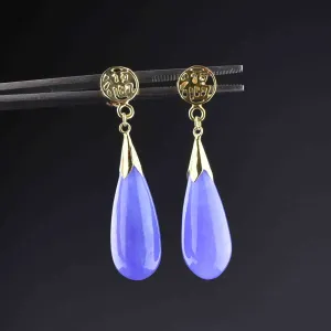 10K Gold Lavender Jade Wide Drop Earrings