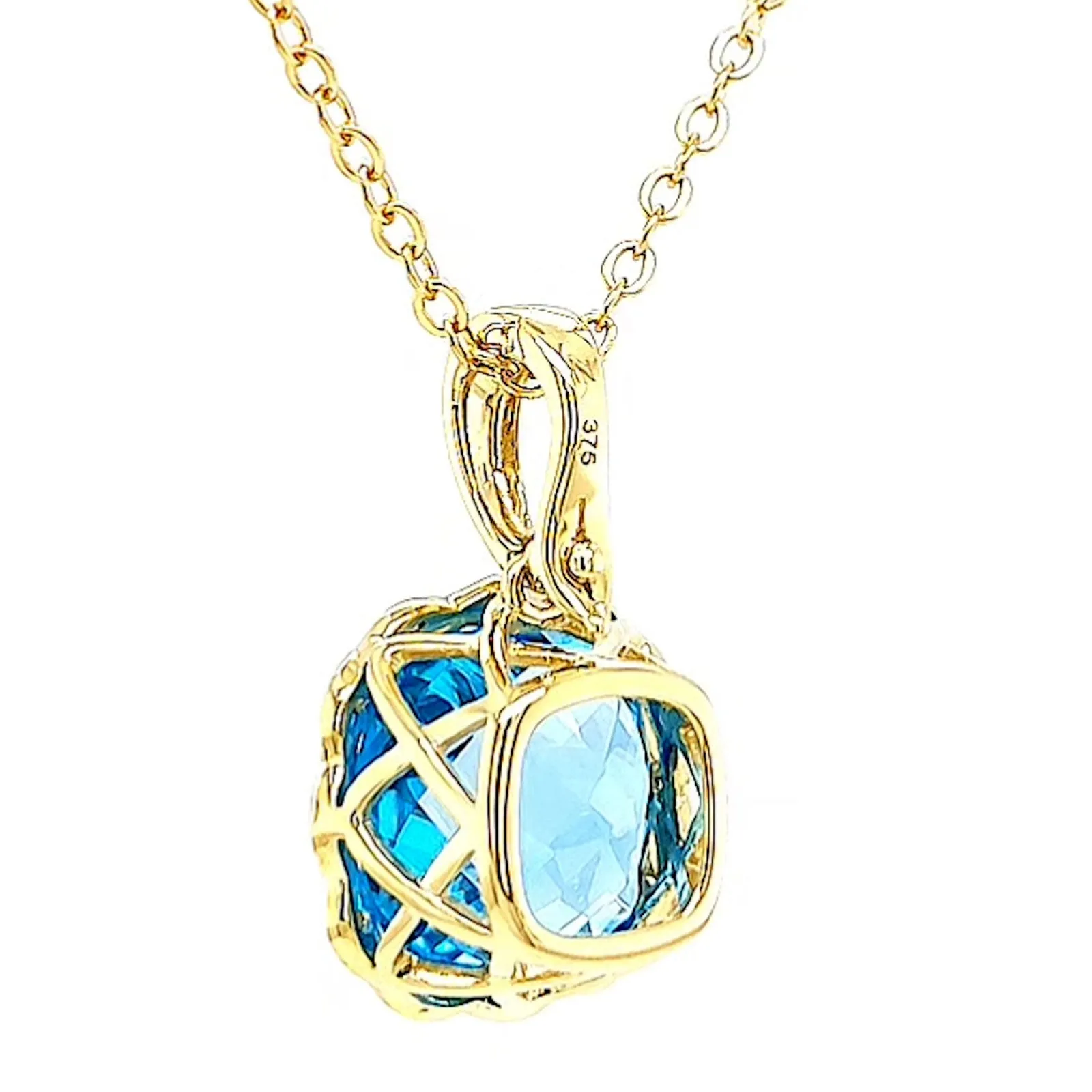 9ct Two Tone Gold Cushion & Round Brilliant Cut Blue Topaz & Diamond Set Pendant