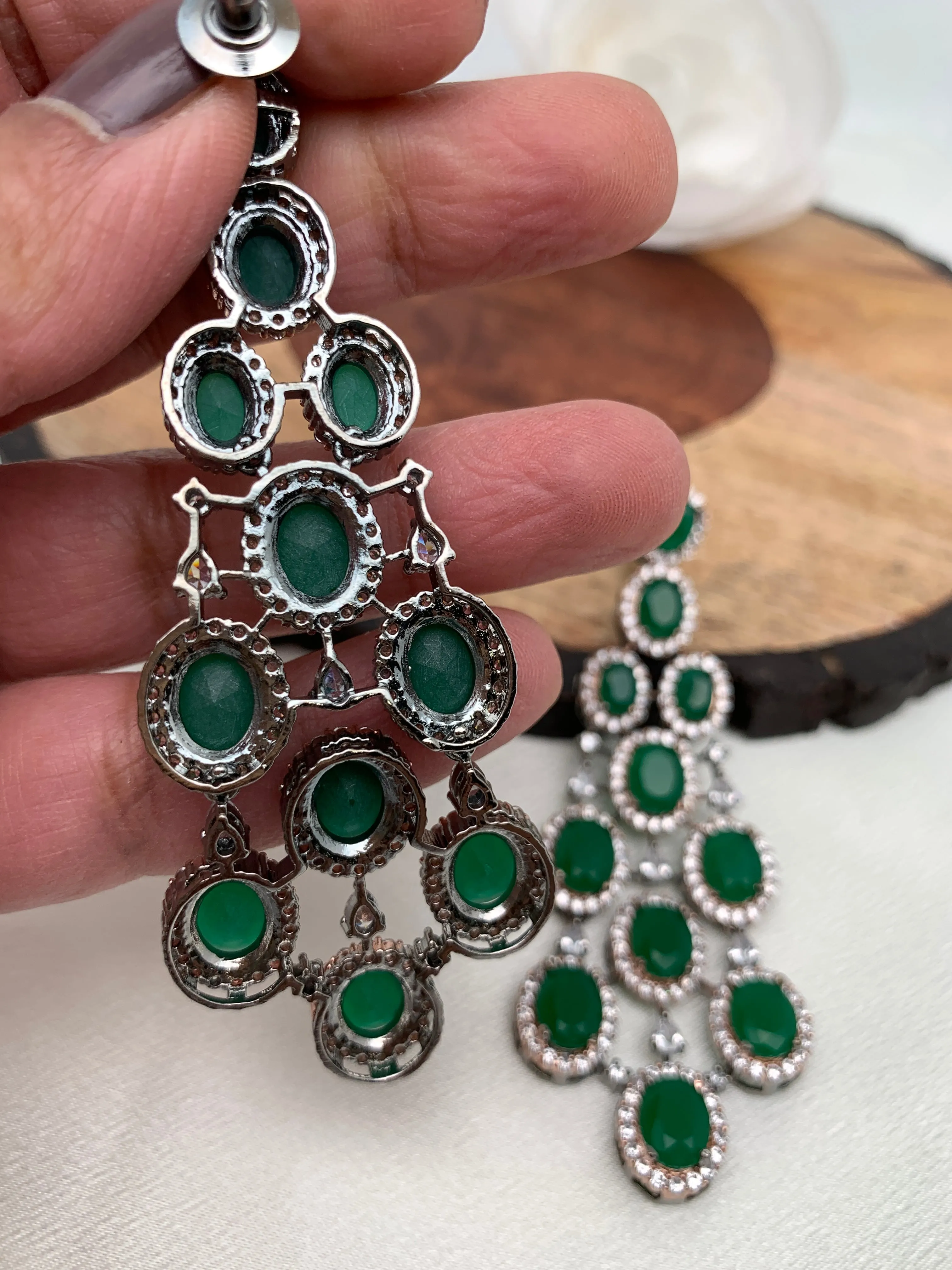 American Diamond Emerald Green Stone Dual Tone Long Earrings