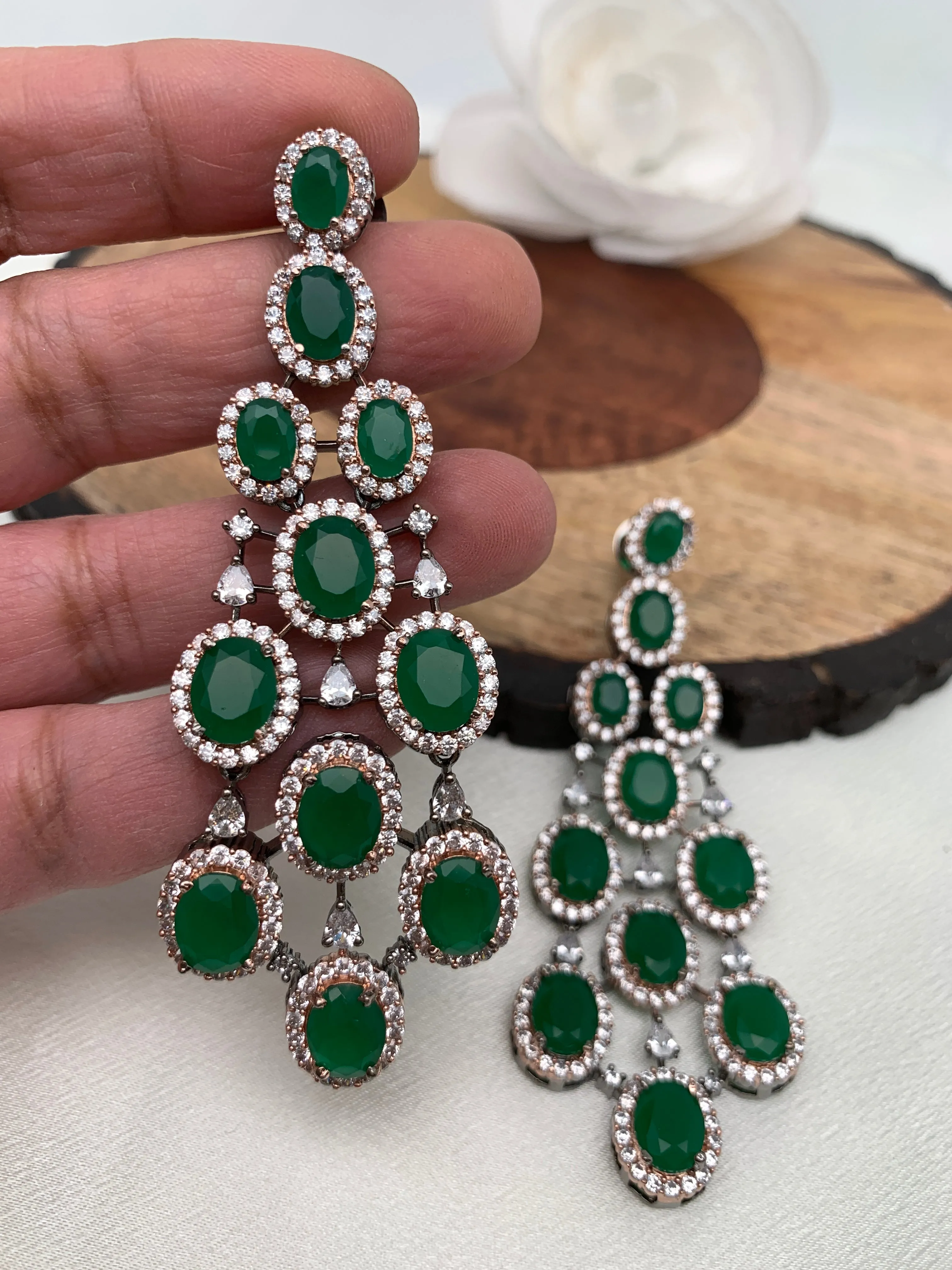 American Diamond Emerald Green Stone Dual Tone Long Earrings