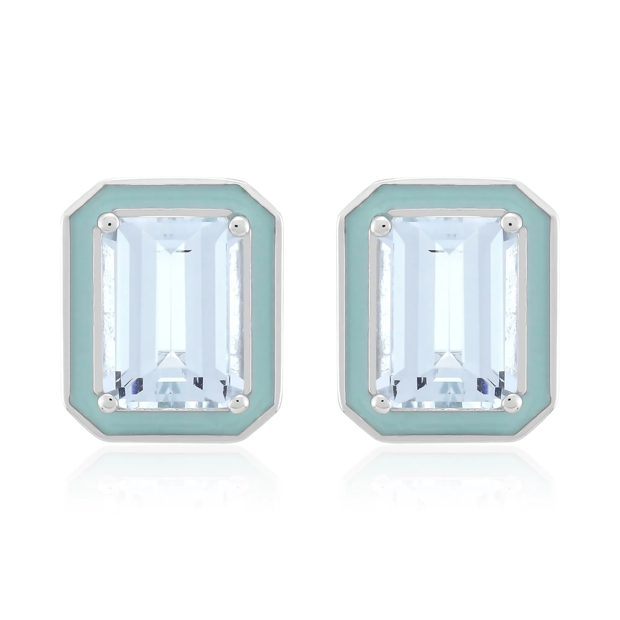 Aquamarine and Enamel Sterling Silver Stud Earrings