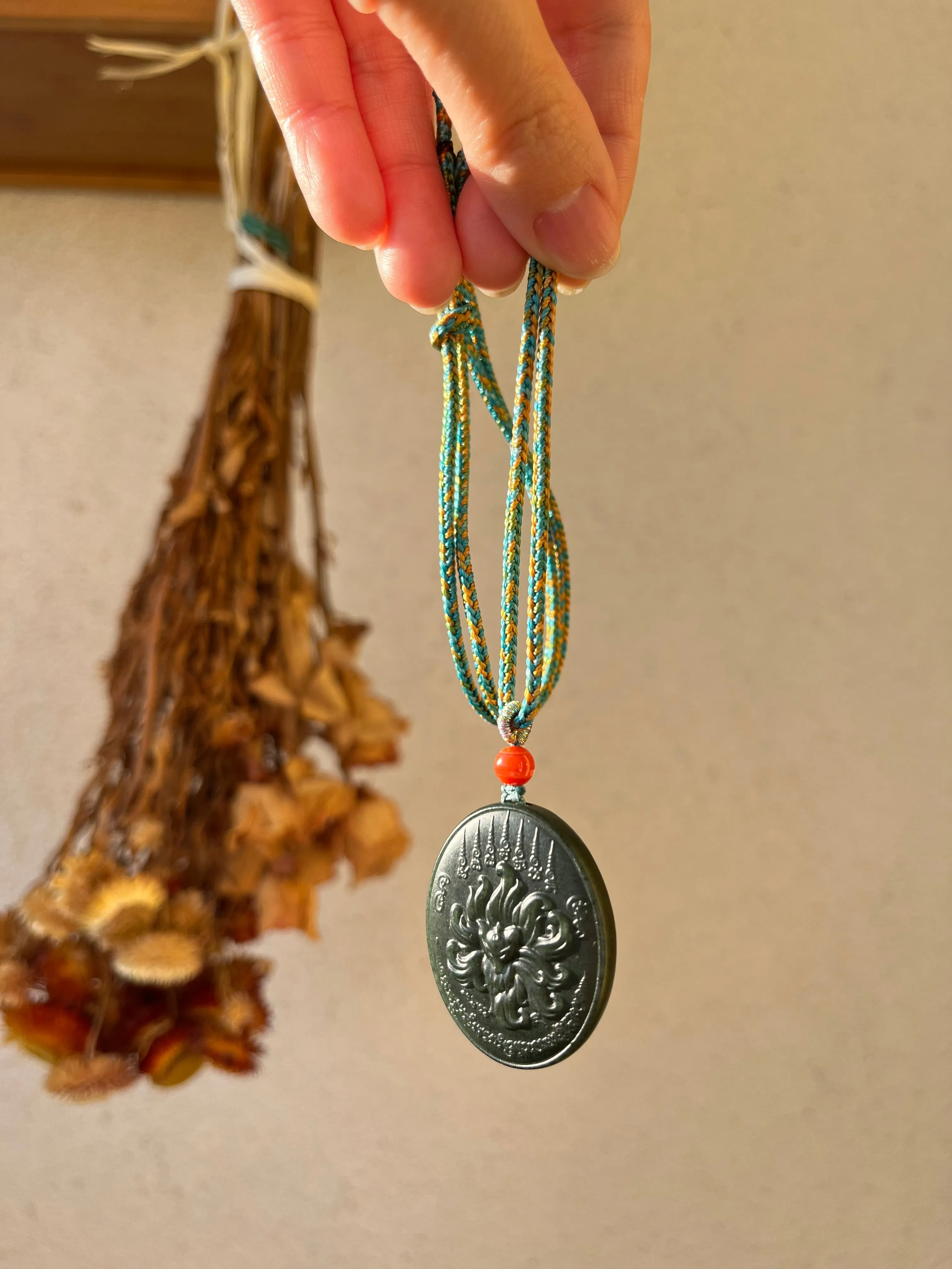 Carved Jade Nine-Tailed Fox Pendant, 青玉九尾狐