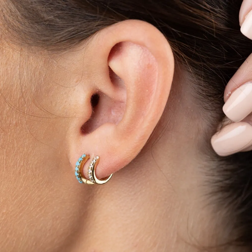 Double Huggie Hoop Earrings - Gold/Turquoise - SPG-360