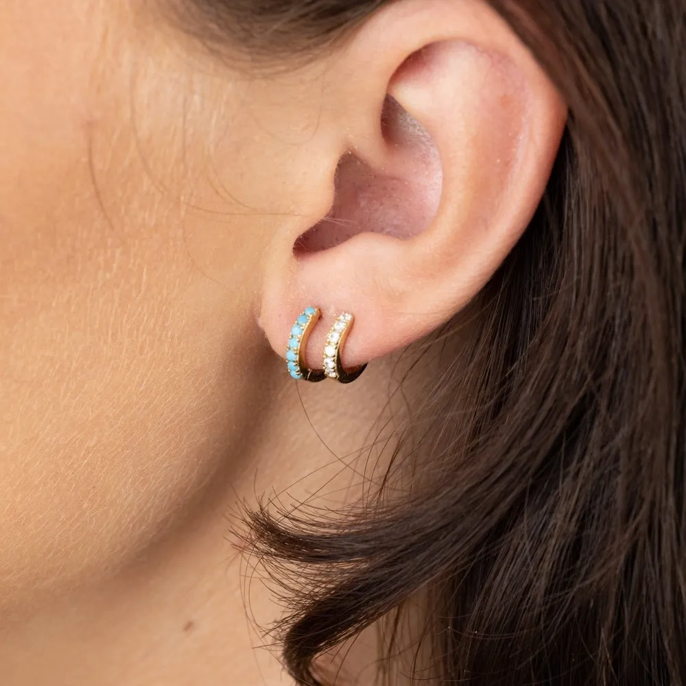 Double Huggie Hoop Earrings - Gold/Turquoise - SPG-360