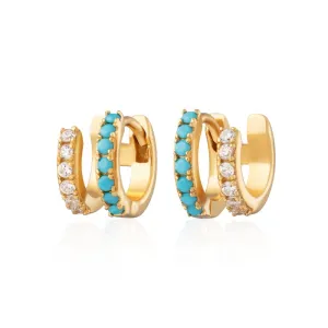 Double Huggie Hoop Earrings - Gold/Turquoise - SPG-360