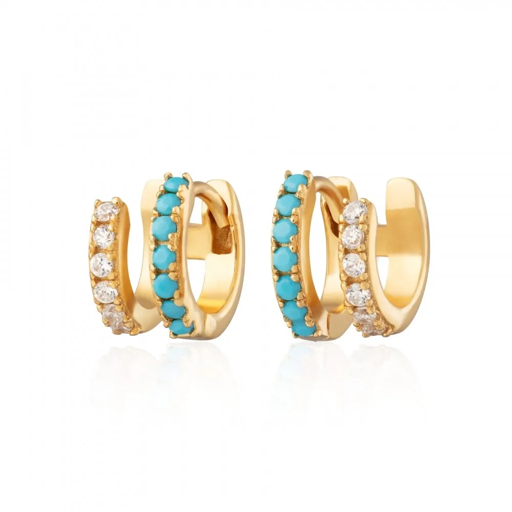 Double Huggie Hoop Earrings - Gold/Turquoise - SPG-360