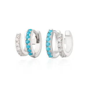 Double Huggie Hoop Earrings - Silver/Turquoise - SPS-360