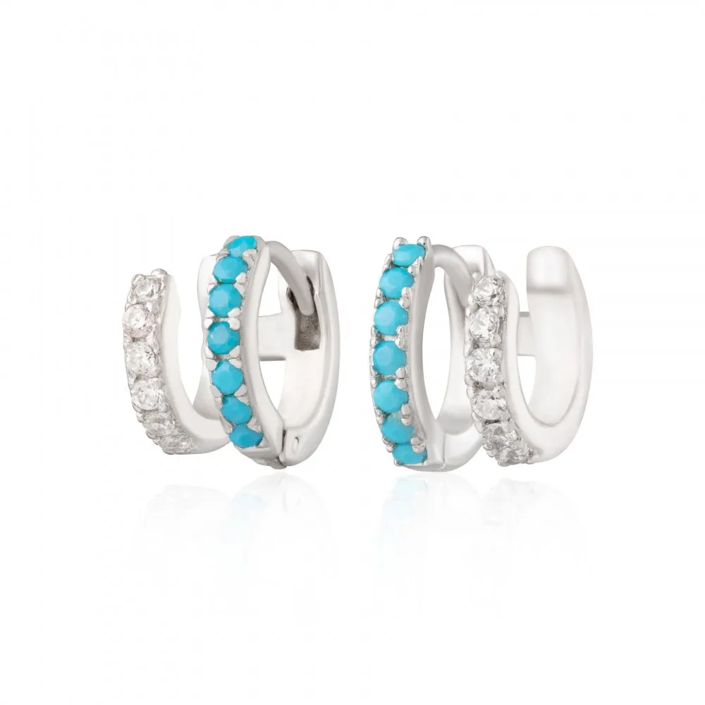 Double Huggie Hoop Earrings - Silver/Turquoise - SPS-360