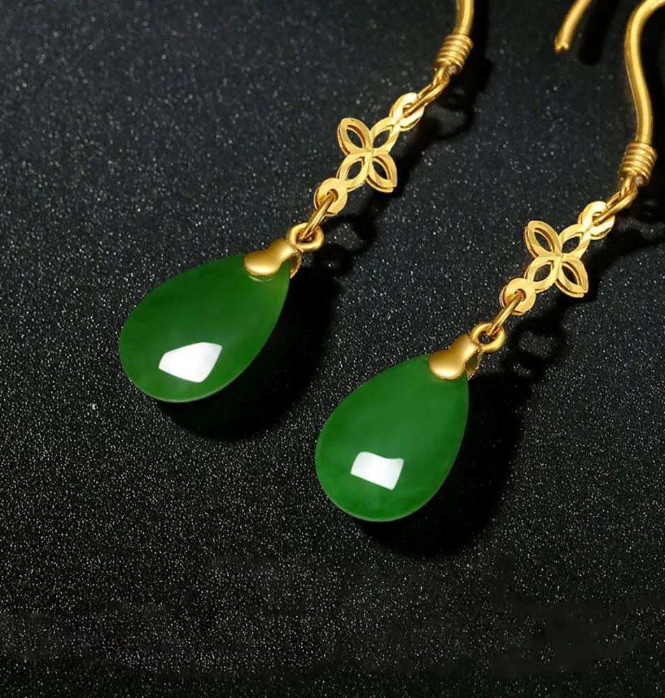 Hetian Jade Jasper Gold Four Leaf Clover Drop Earrings-Tajade