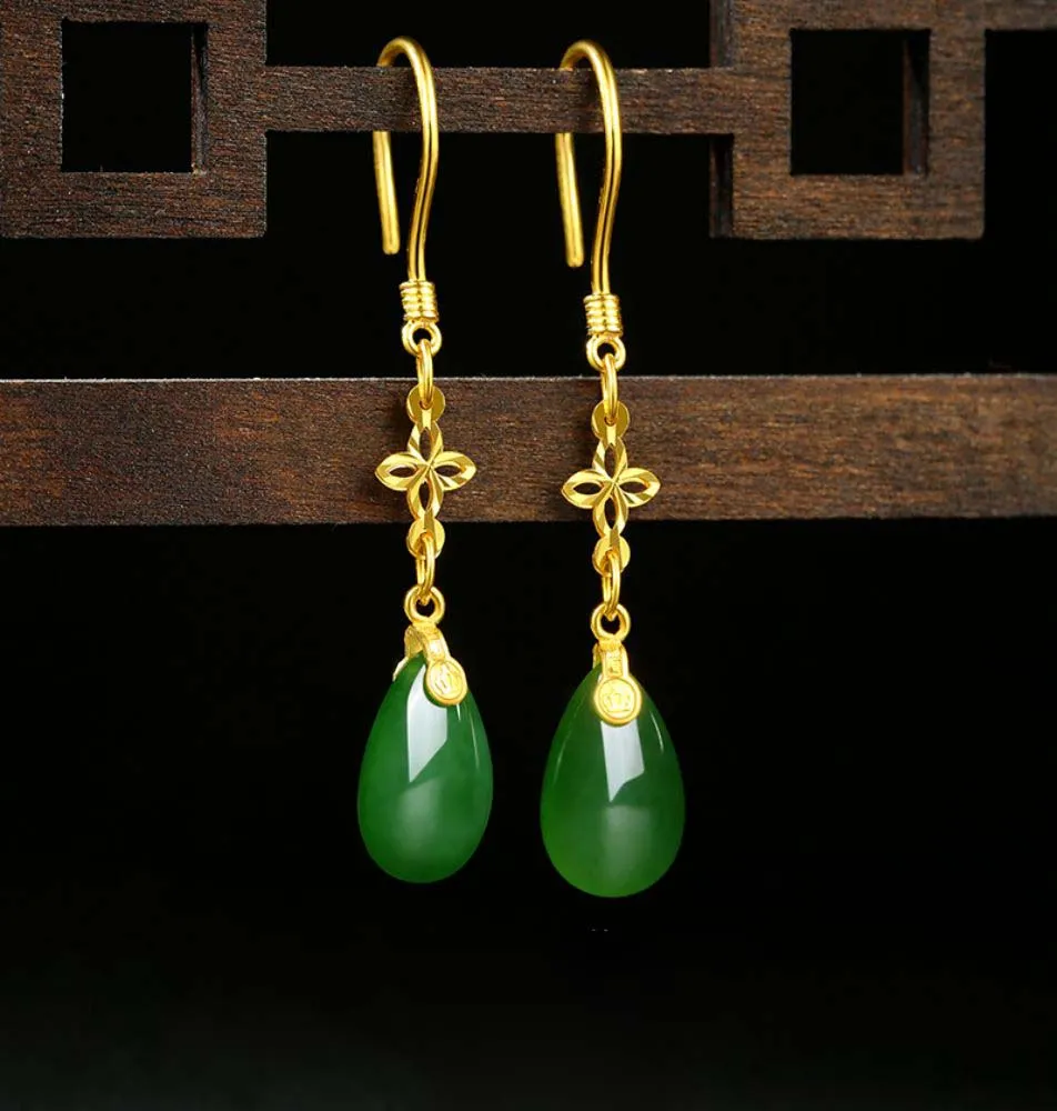 Hetian Jade Jasper Gold Four Leaf Clover Drop Earrings-Tajade