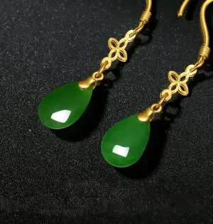 Hetian Jade Jasper Gold Four Leaf Clover Drop Earrings-Tajade