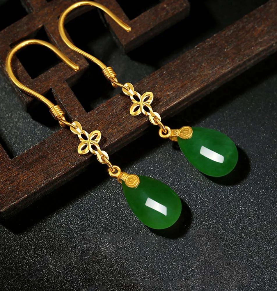 Hetian Jade Jasper Gold Four Leaf Clover Drop Earrings-Tajade