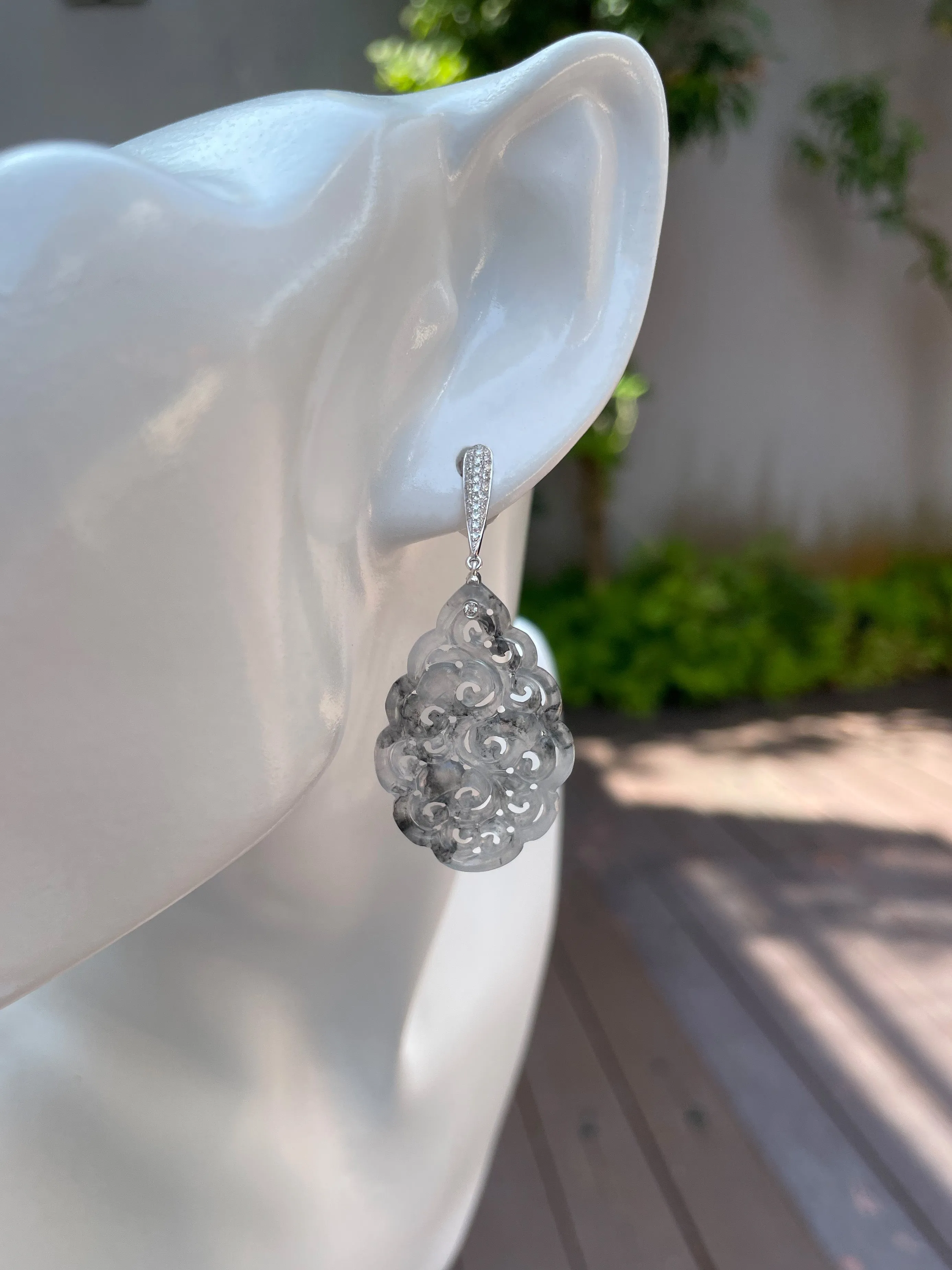 Icy Black Carved Jade Earrings (NJE050)