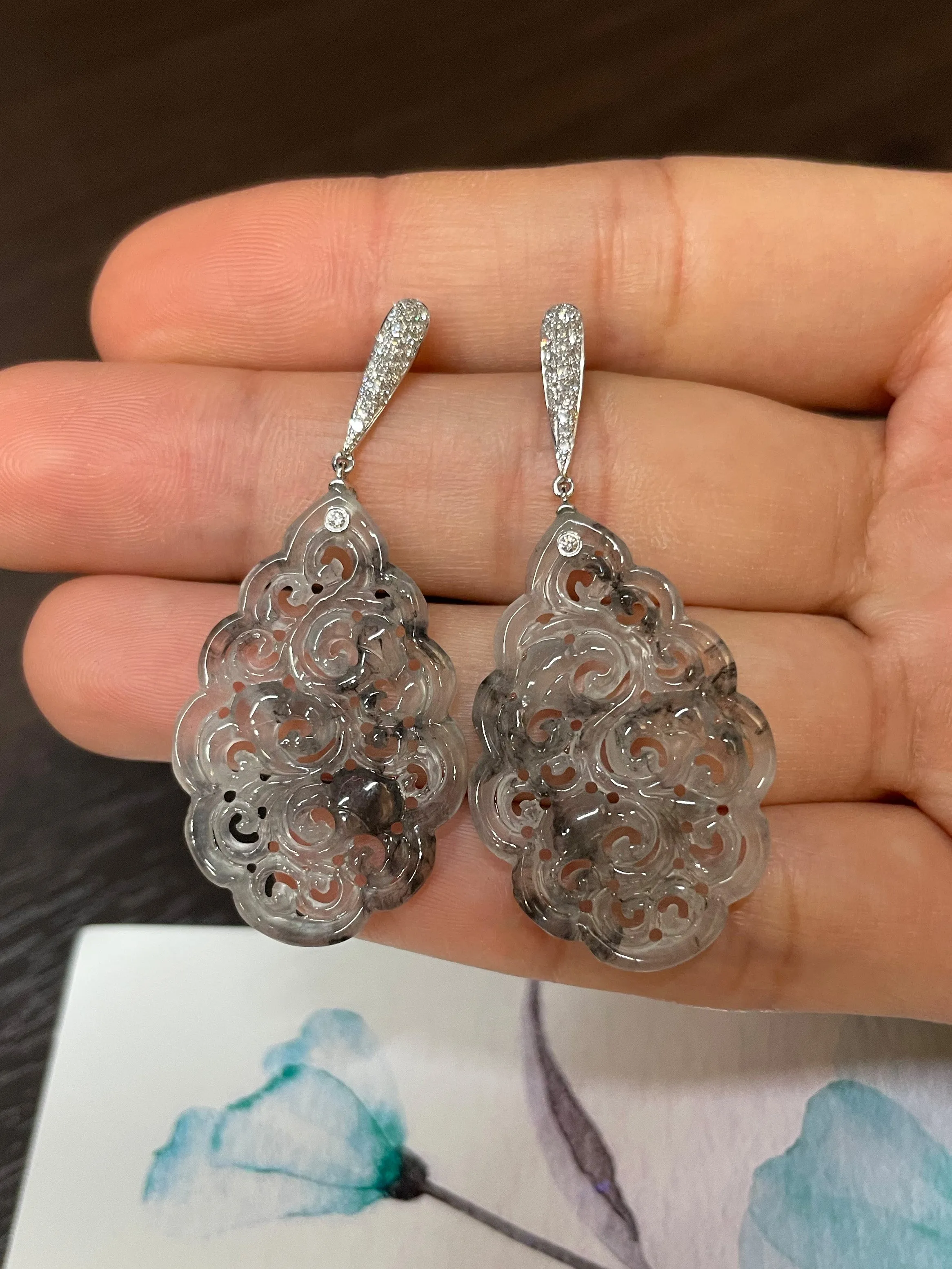 Icy Black Carved Jade Earrings (NJE050)