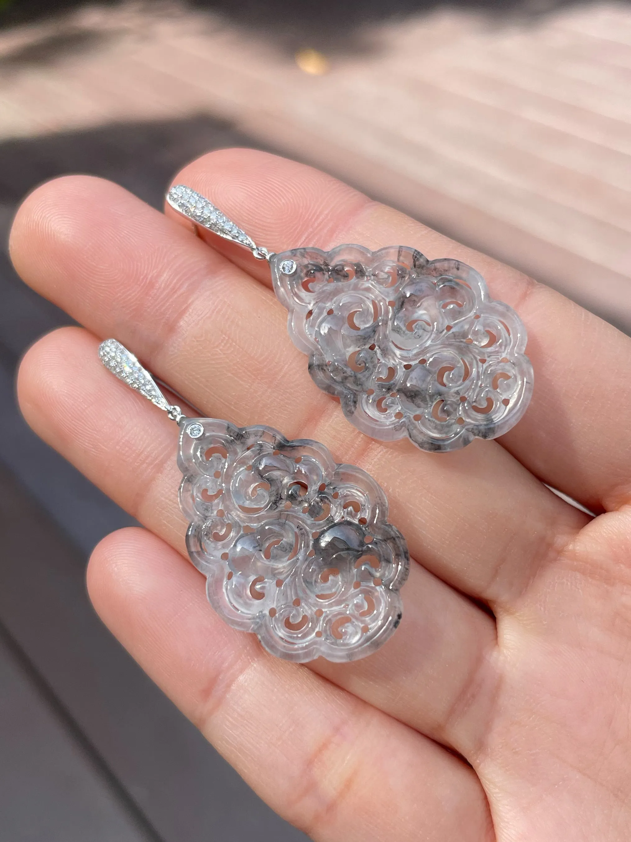 Icy Black Carved Jade Earrings (NJE050)