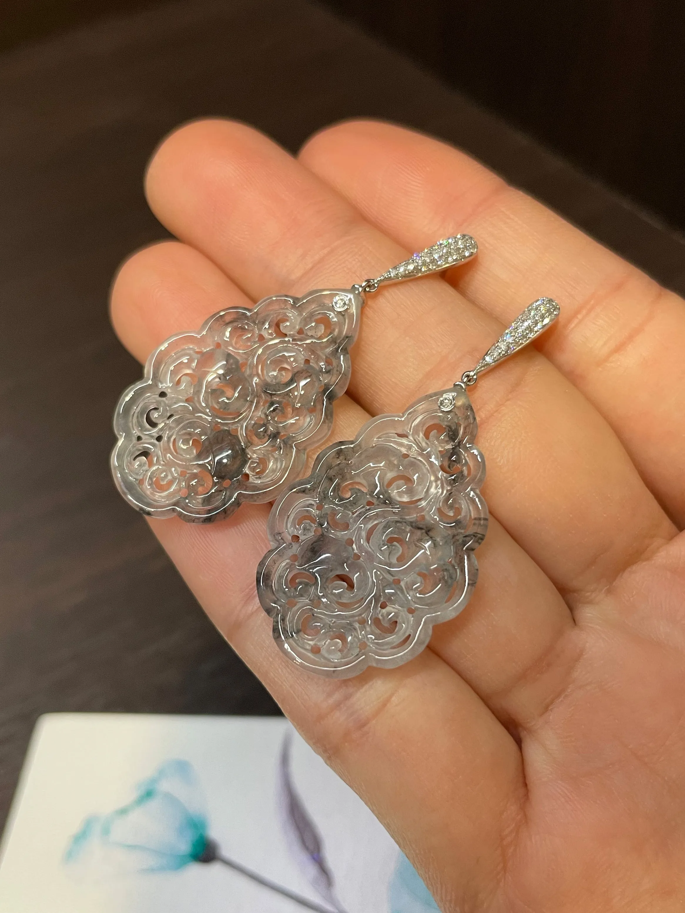 Icy Black Carved Jade Earrings (NJE050)