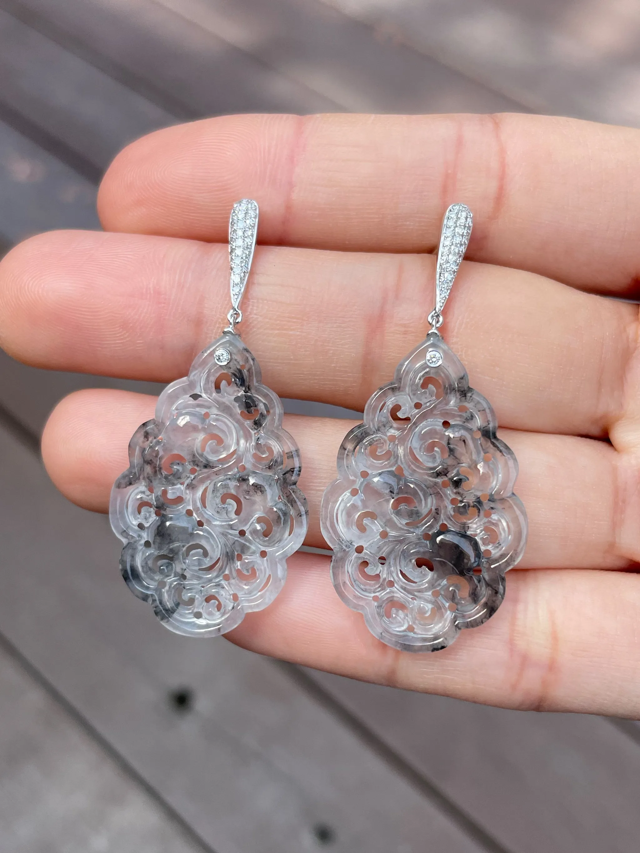 Icy Black Carved Jade Earrings (NJE050)