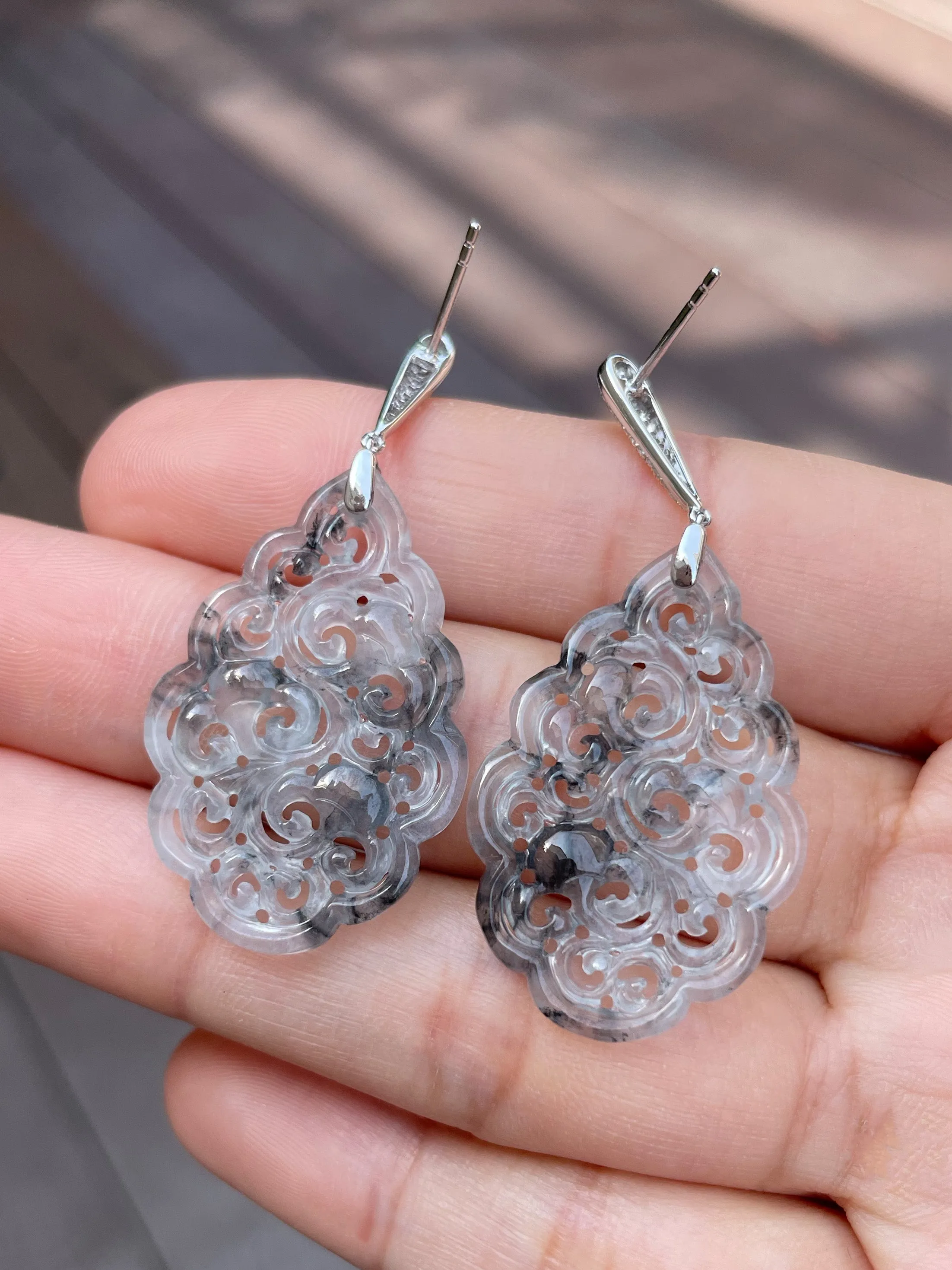 Icy Black Carved Jade Earrings (NJE050)