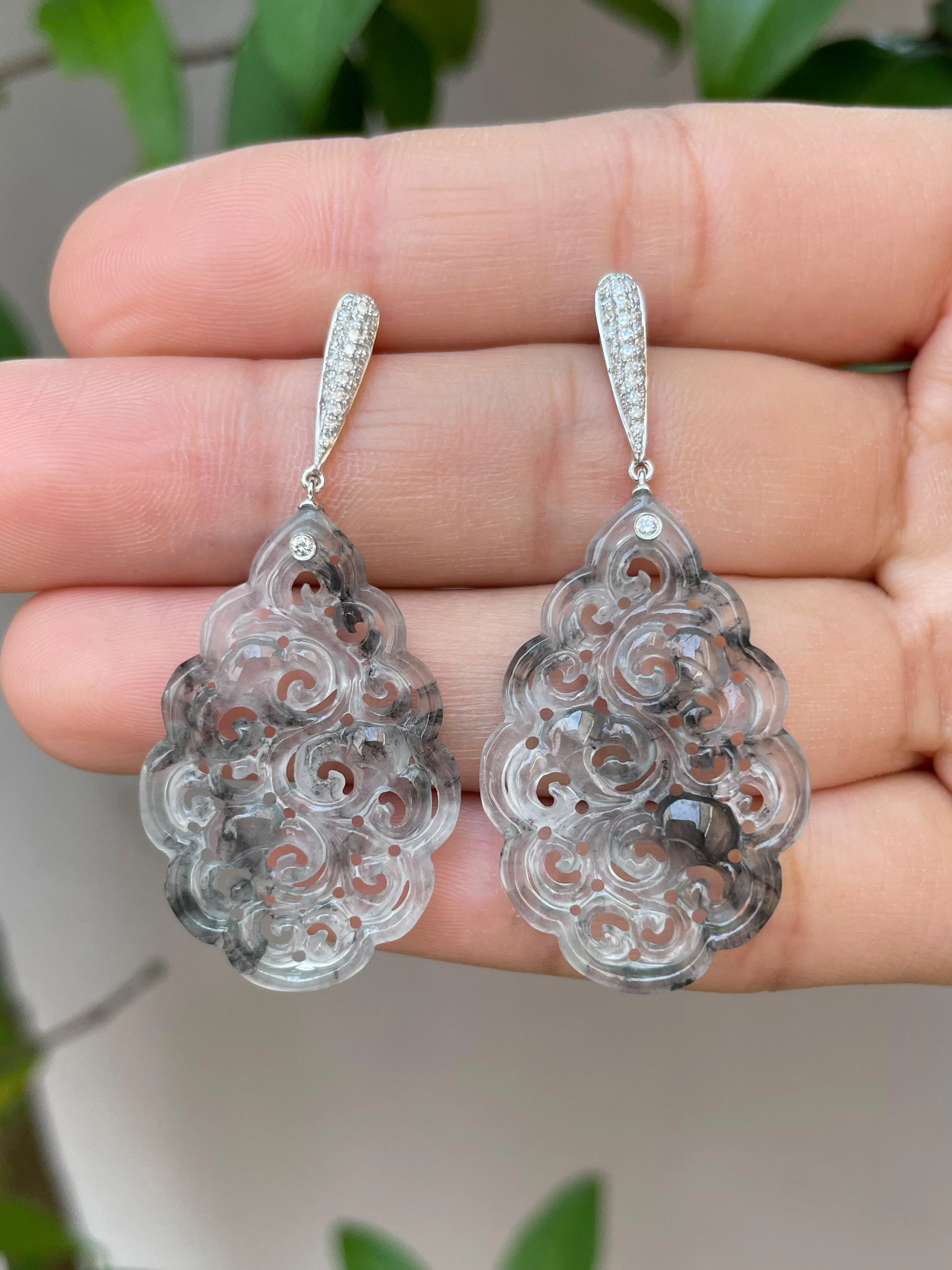 Icy Black Carved Jade Earrings (NJE050)