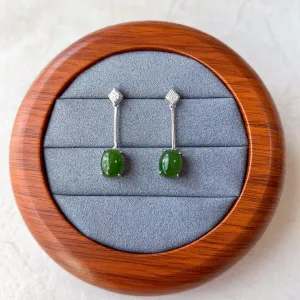 Jade Pendulum Earring Studs, Oval Cut, Green Nephrite Jade Sterling Silver Earrings, JSY-0424-12127