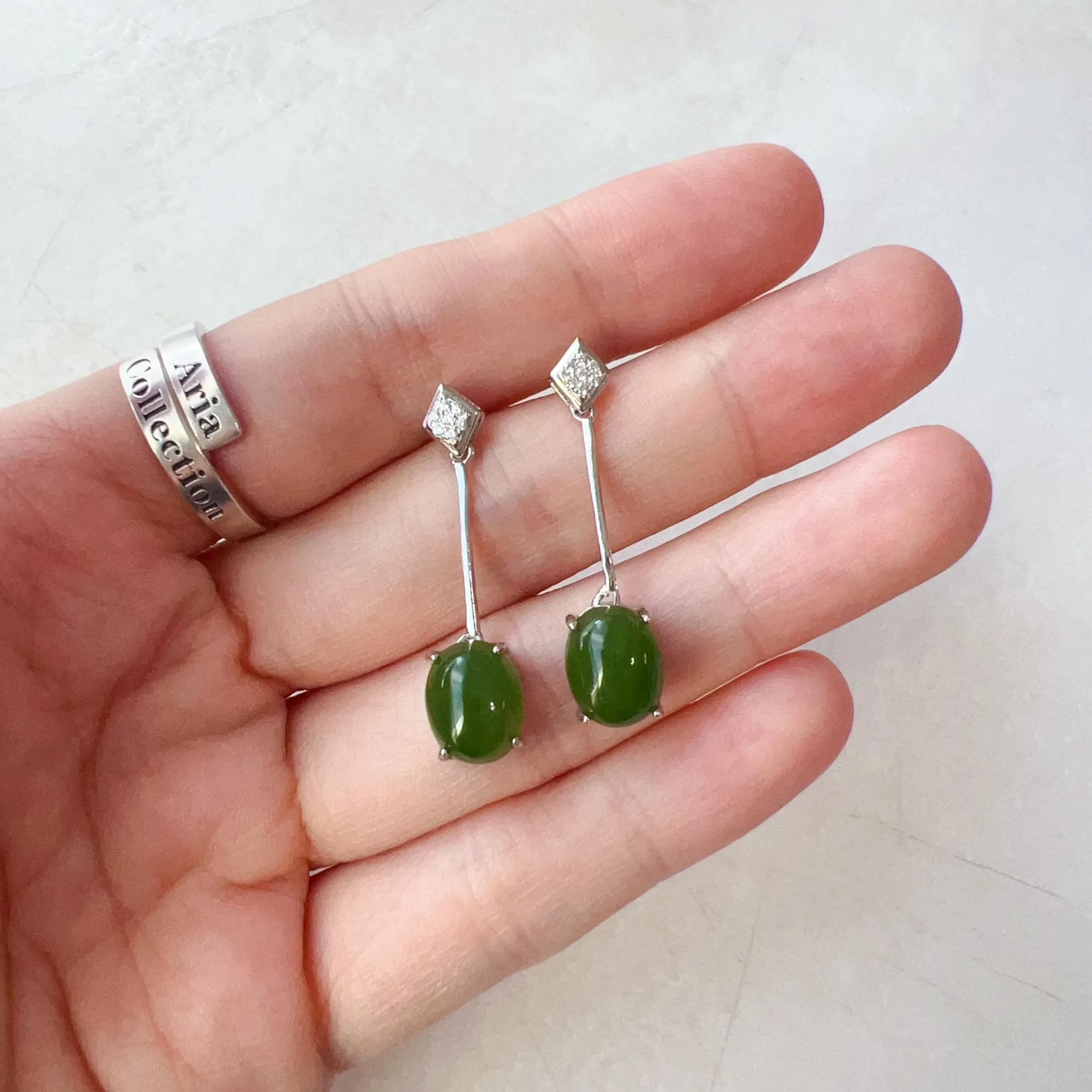 Jade Pendulum Earring Studs, Oval Cut, Green Nephrite Jade Sterling Silver Earrings, JSY-0424-12127