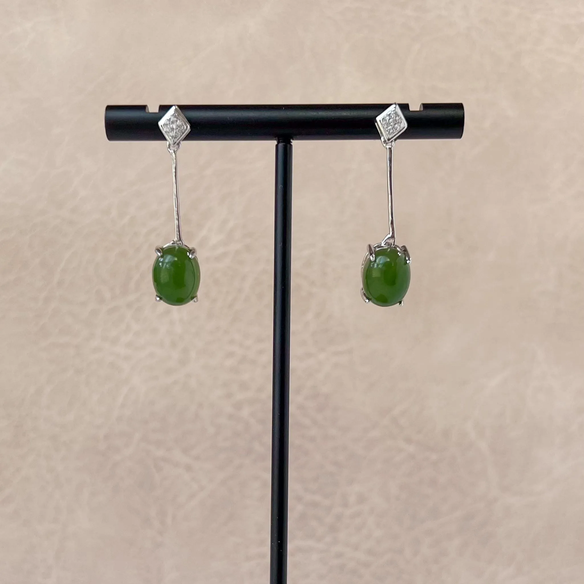 Jade Pendulum Earring Studs, Oval Cut, Green Nephrite Jade Sterling Silver Earrings, JSY-0424-12127