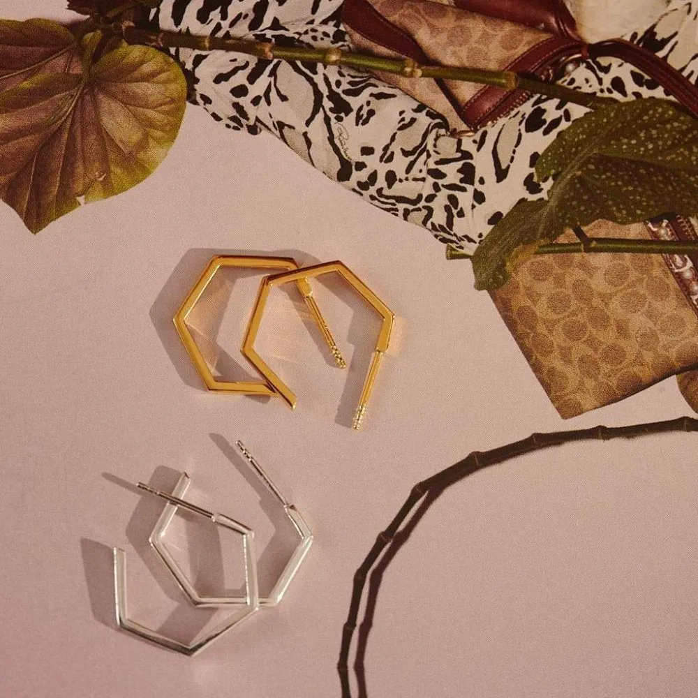 Medium Hexagon Hoop Earrings - Silver - HXE19S