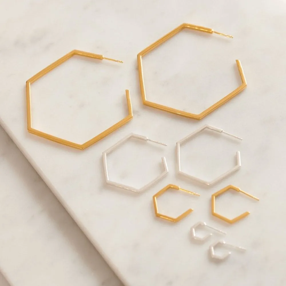 Medium Hexagon Hoop Earrings - Silver - HXE19S