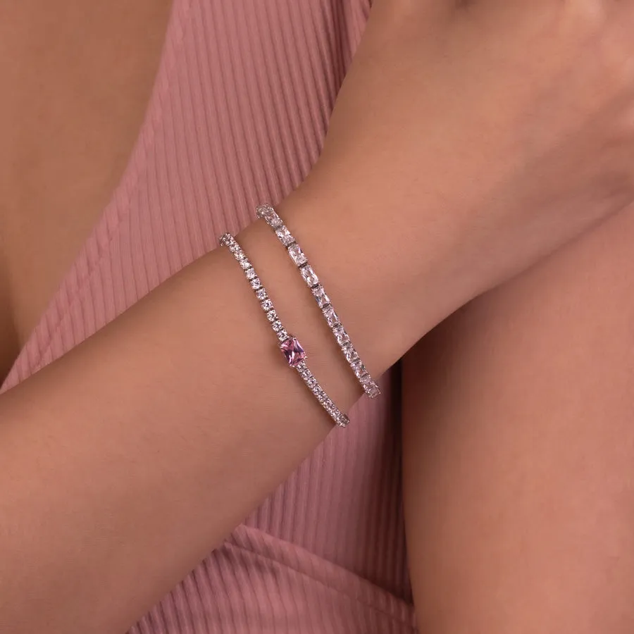 Pave 925 Sterling Silver Baguette Pink Tennis Bracelet