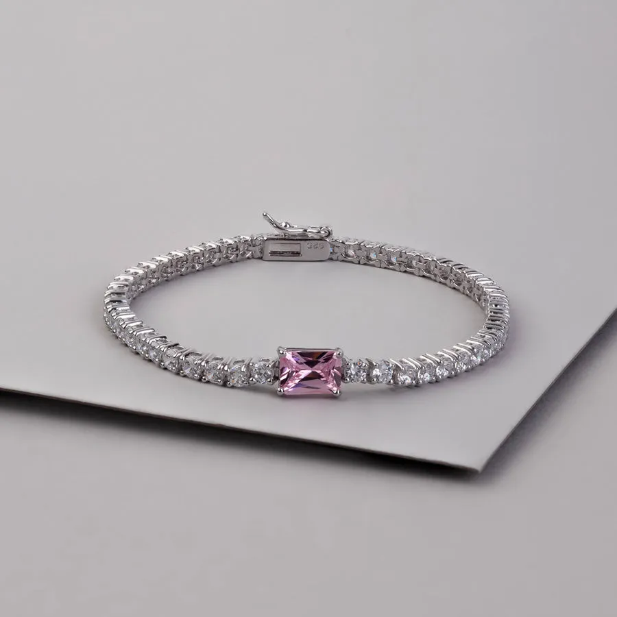 Pave 925 Sterling Silver Baguette Pink Tennis Bracelet