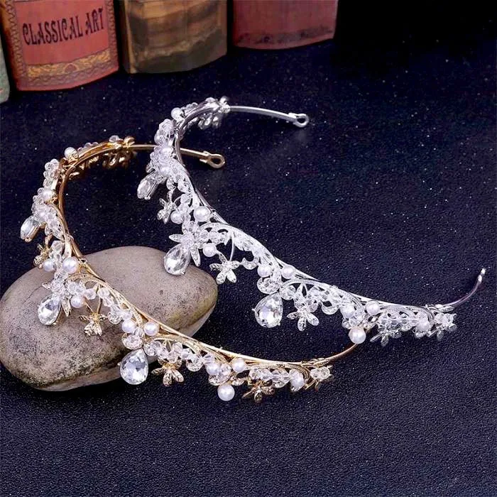 "Edith" - Wedding Pearl and Cubic Zirconia Tiara - Available in Silver and Gold