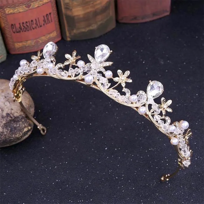 "Edith" - Wedding Pearl and Cubic Zirconia Tiara - Available in Silver and Gold