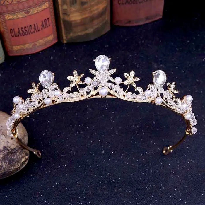"Edith" - Wedding Pearl and Cubic Zirconia Tiara - Available in Silver and Gold