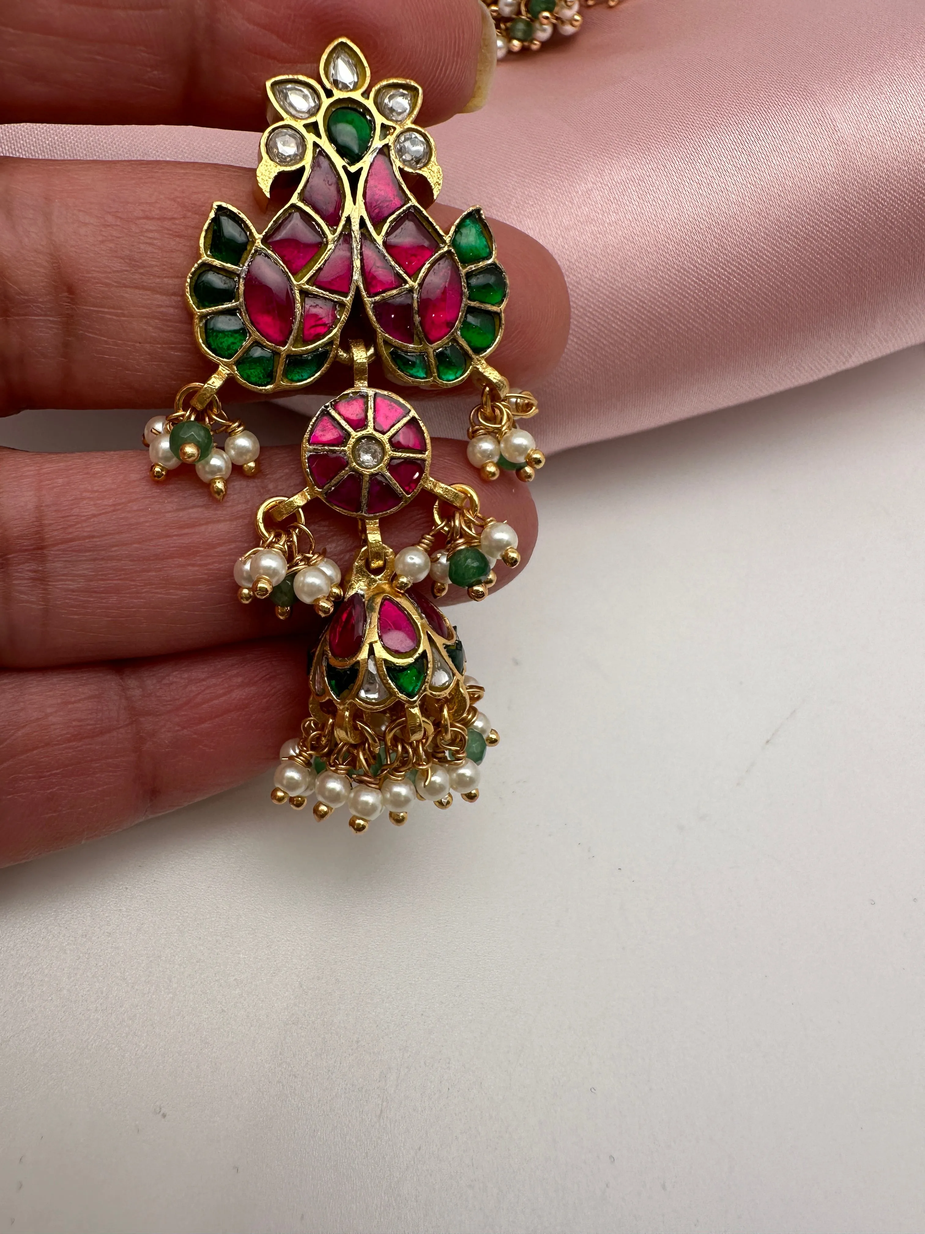 Red Green Jadau Kundan Peacock Design Jhumki Earrings