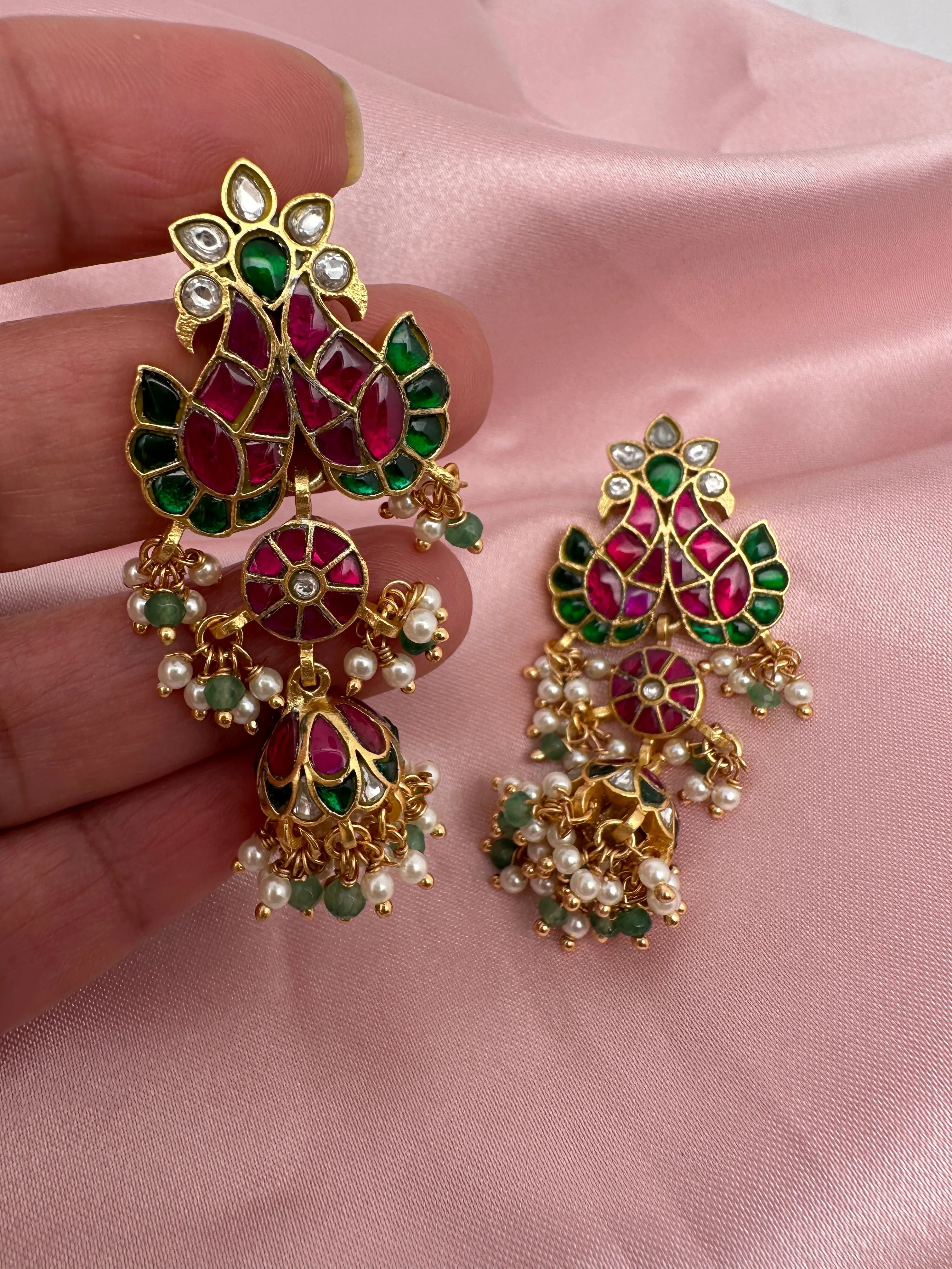 Red Green Jadau Kundan Peacock Design Jhumki Earrings