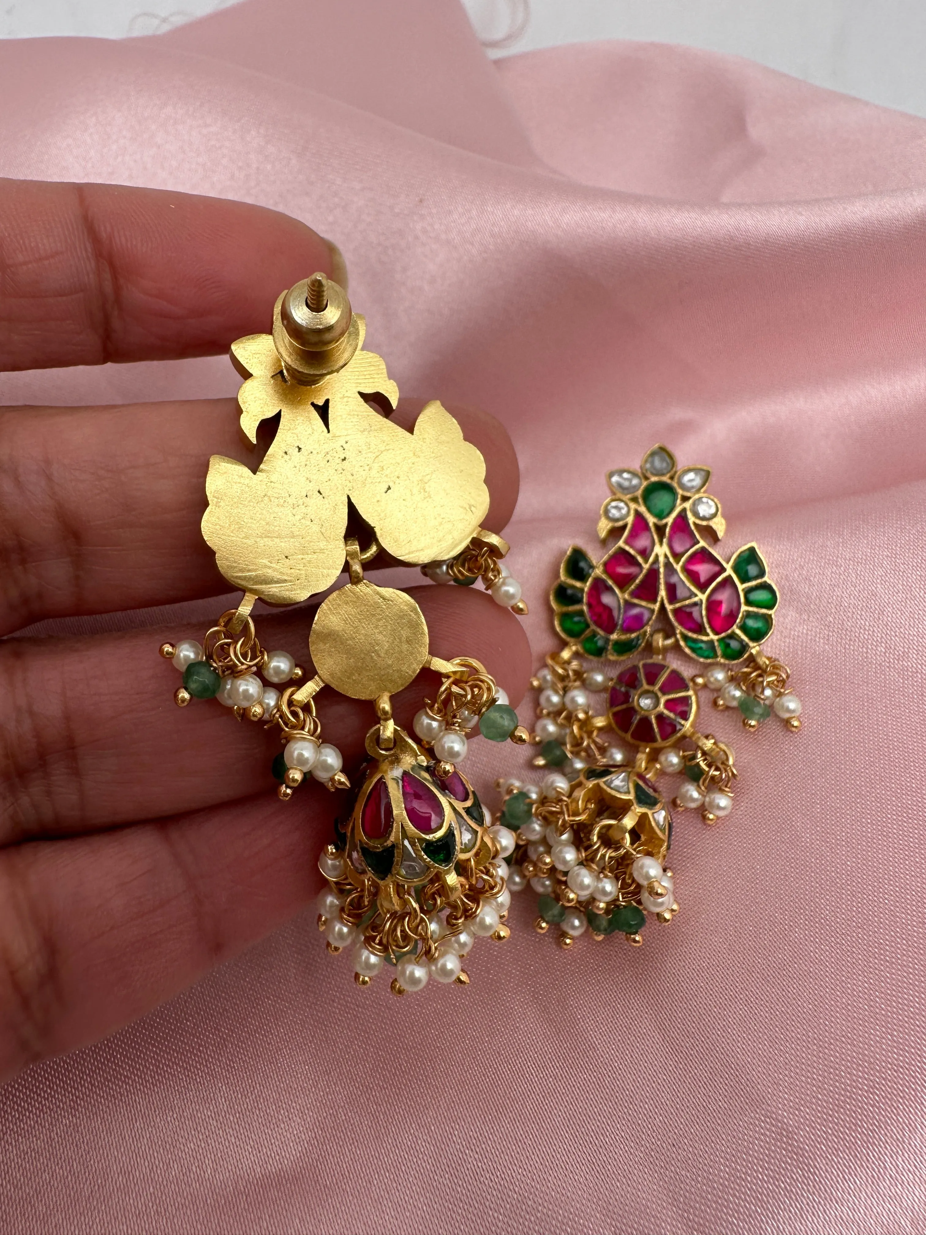 Red Green Jadau Kundan Peacock Design Jhumki Earrings