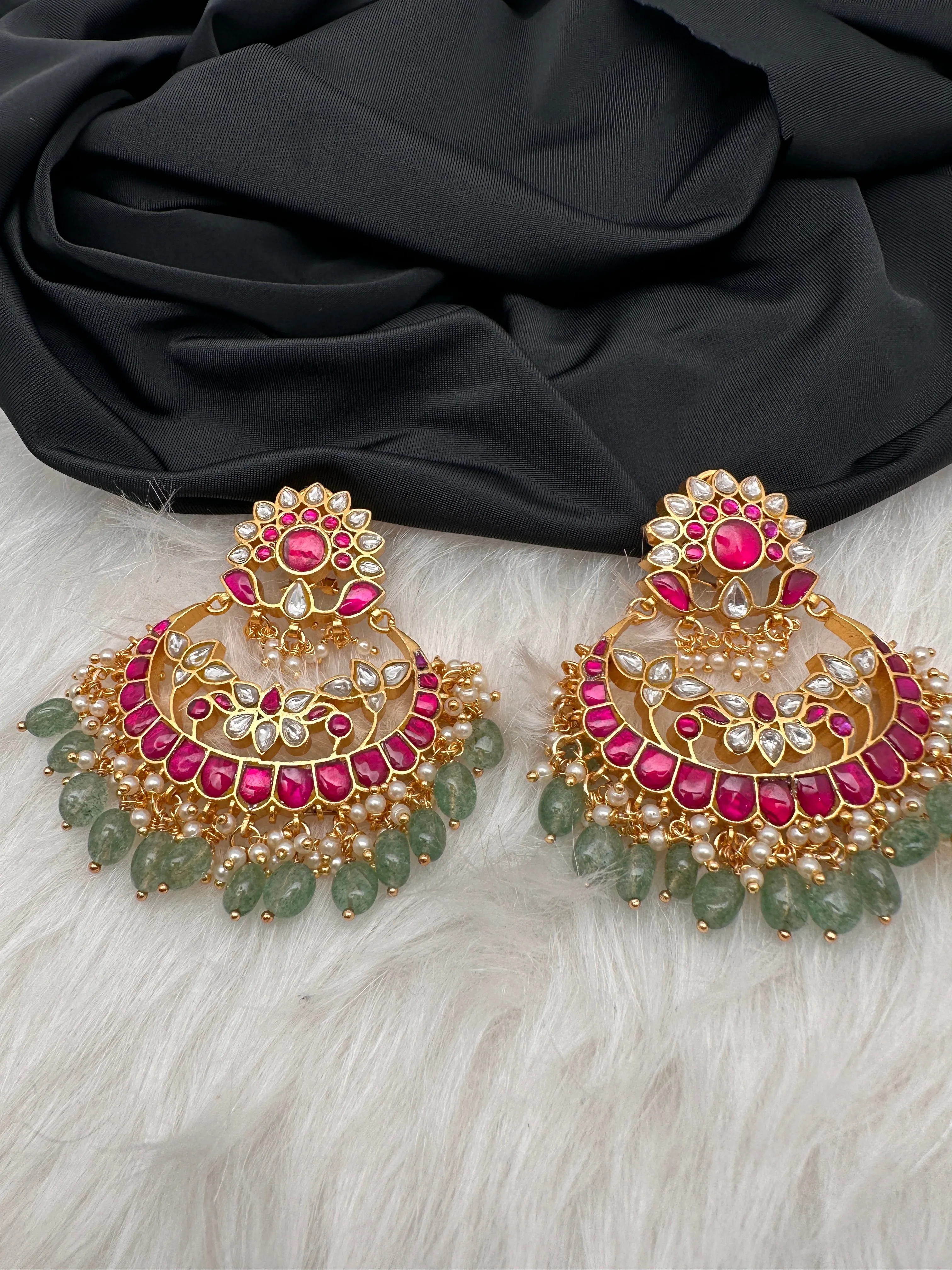 Red Green Jadau Kundan Pearls Chandballi Earrings