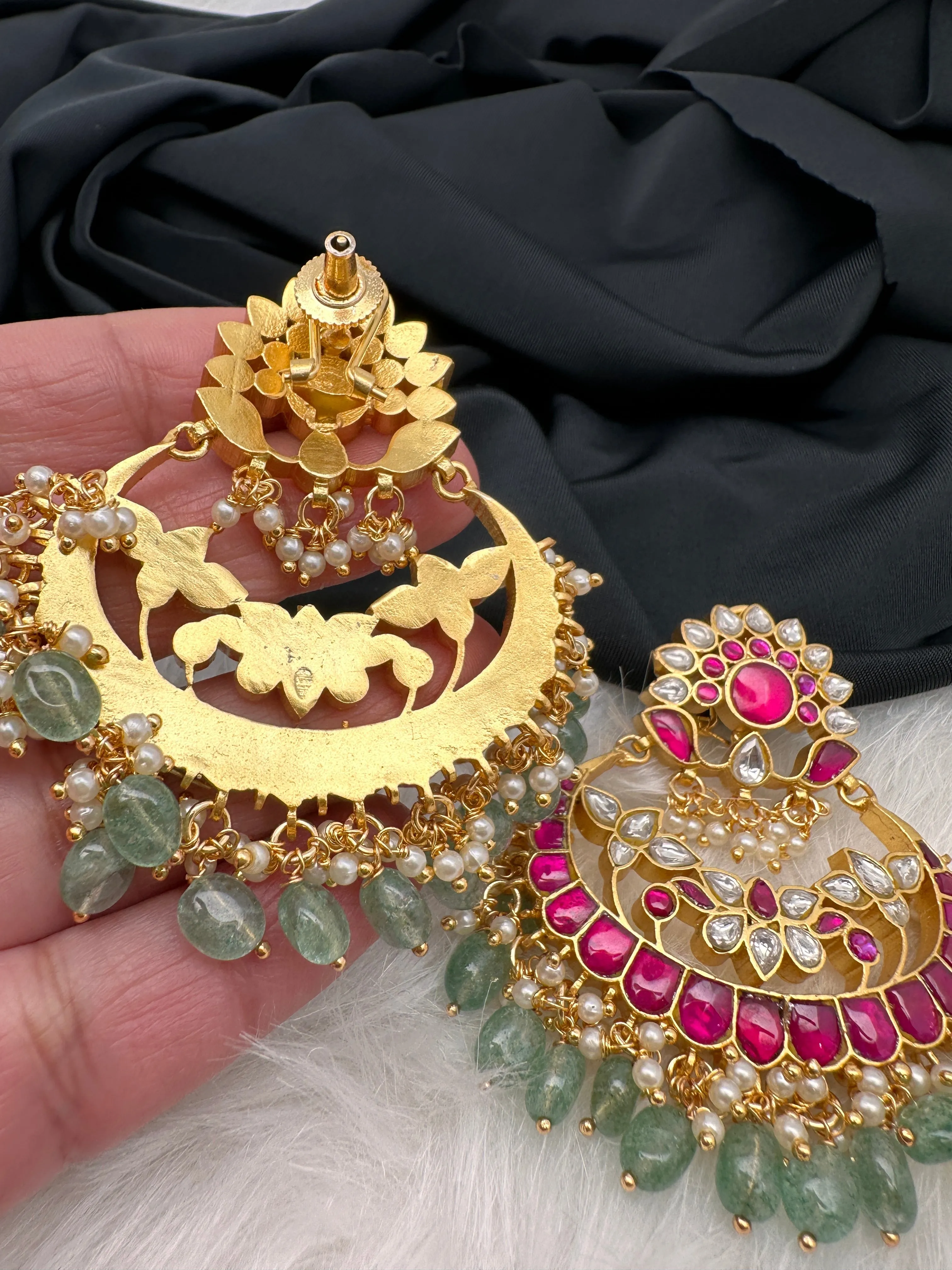 Red Green Jadau Kundan Pearls Chandballi Earrings