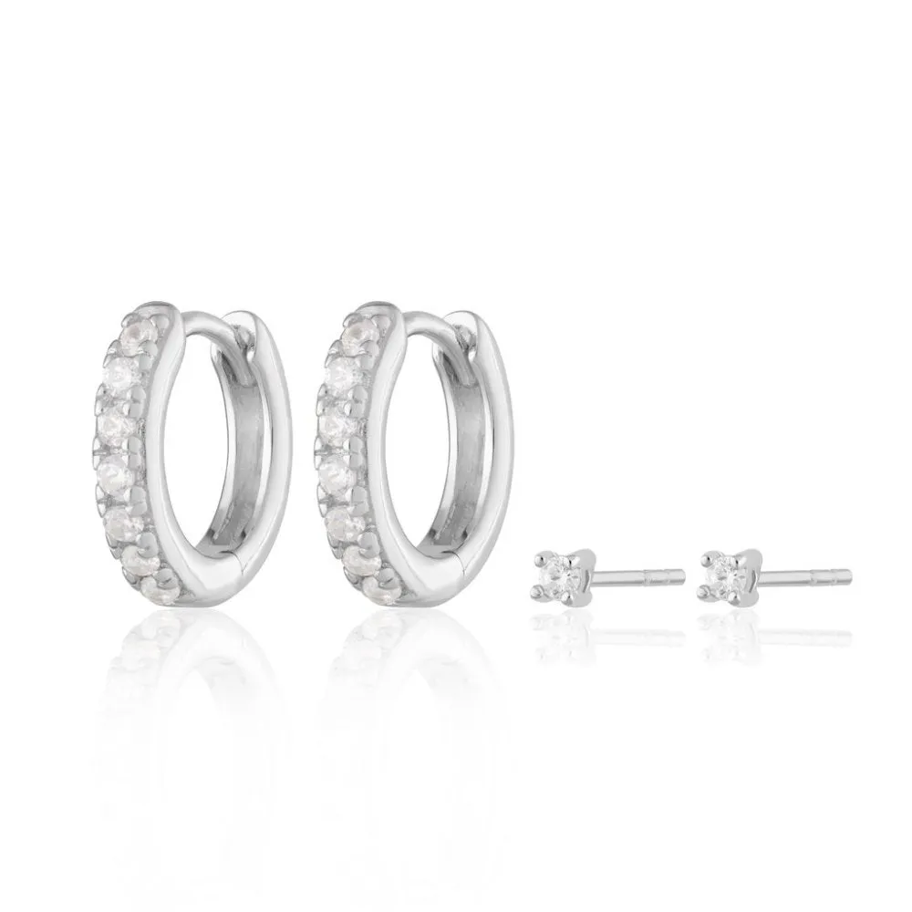 Sparkle Huggie & Tiny Stud Earring Set - Silver - SPEJSSS48-142