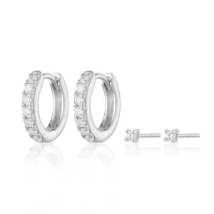 Sparkle Huggie & Tiny Stud Earring Set - Silver - SPEJSSS48-142