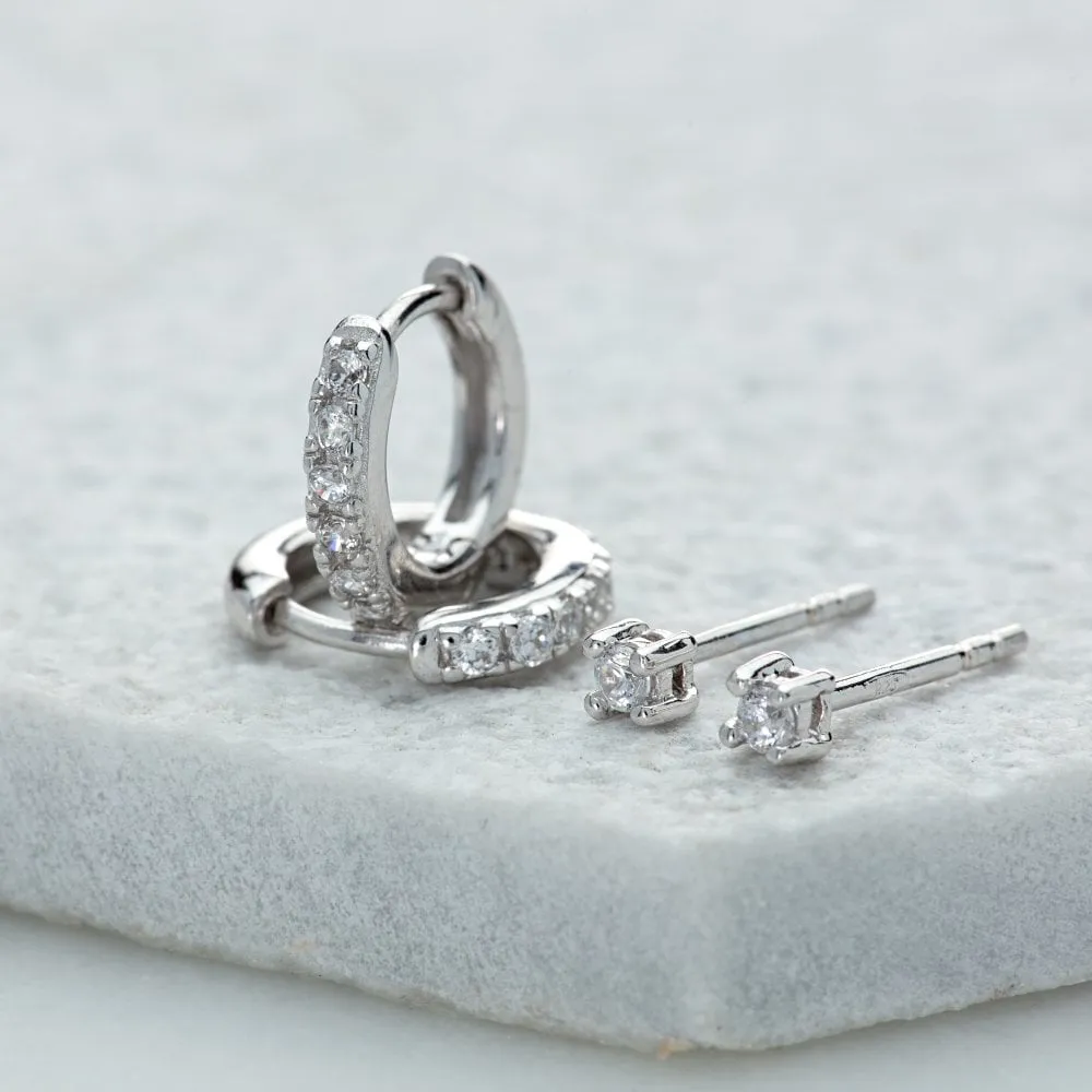 Sparkle Huggie & Tiny Stud Earring Set - Silver - SPEJSSS48-142
